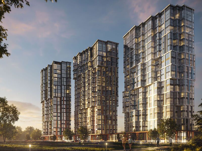 Проект включает в себя три 19-этажных корпуса с панорамным угловым остеклением, объединенных общим одноэтажным стилобатом.