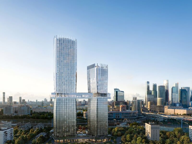Архитектурной доминантной проекта становиться мост, соединяющий башни на высоте 80 метров.