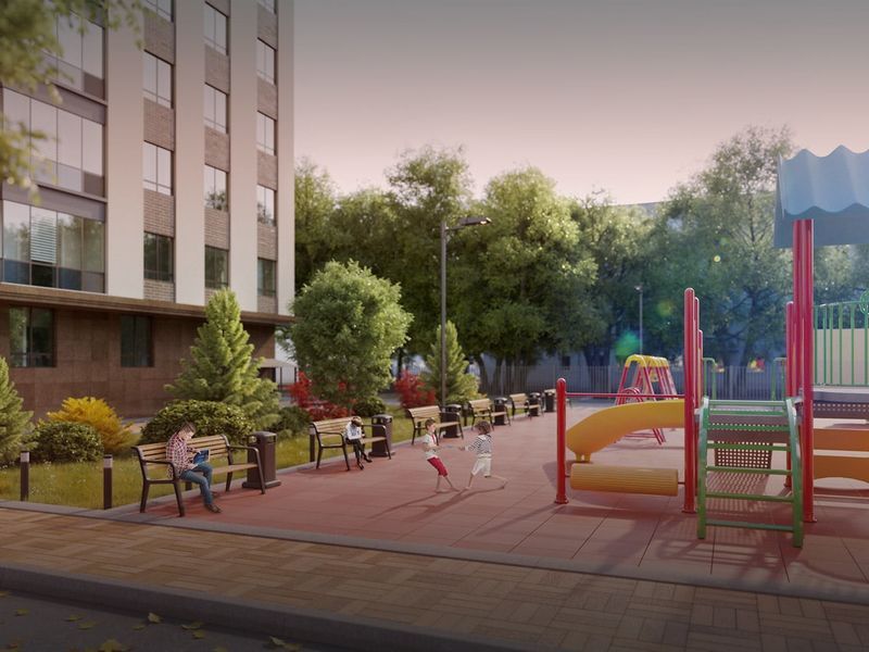 Охраняемый двор ЖК «Олимп», свободный от автомобилей.