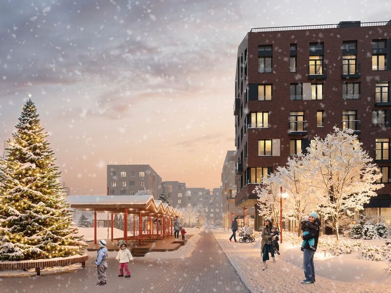 Кирпичные дома со скатными крышами напомнят загородные кварталы в стиле северной Европы.