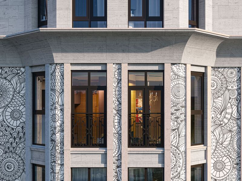 Фасад изготовлен из натурального камня и клинкерной плитки, декорированной майоликой