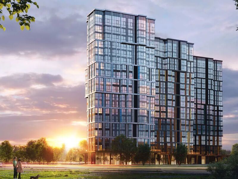 Проект включает в себя три 19-этажных корпуса с панорамным угловым остеклением, объединенных общим одноэтажным стилобатом.